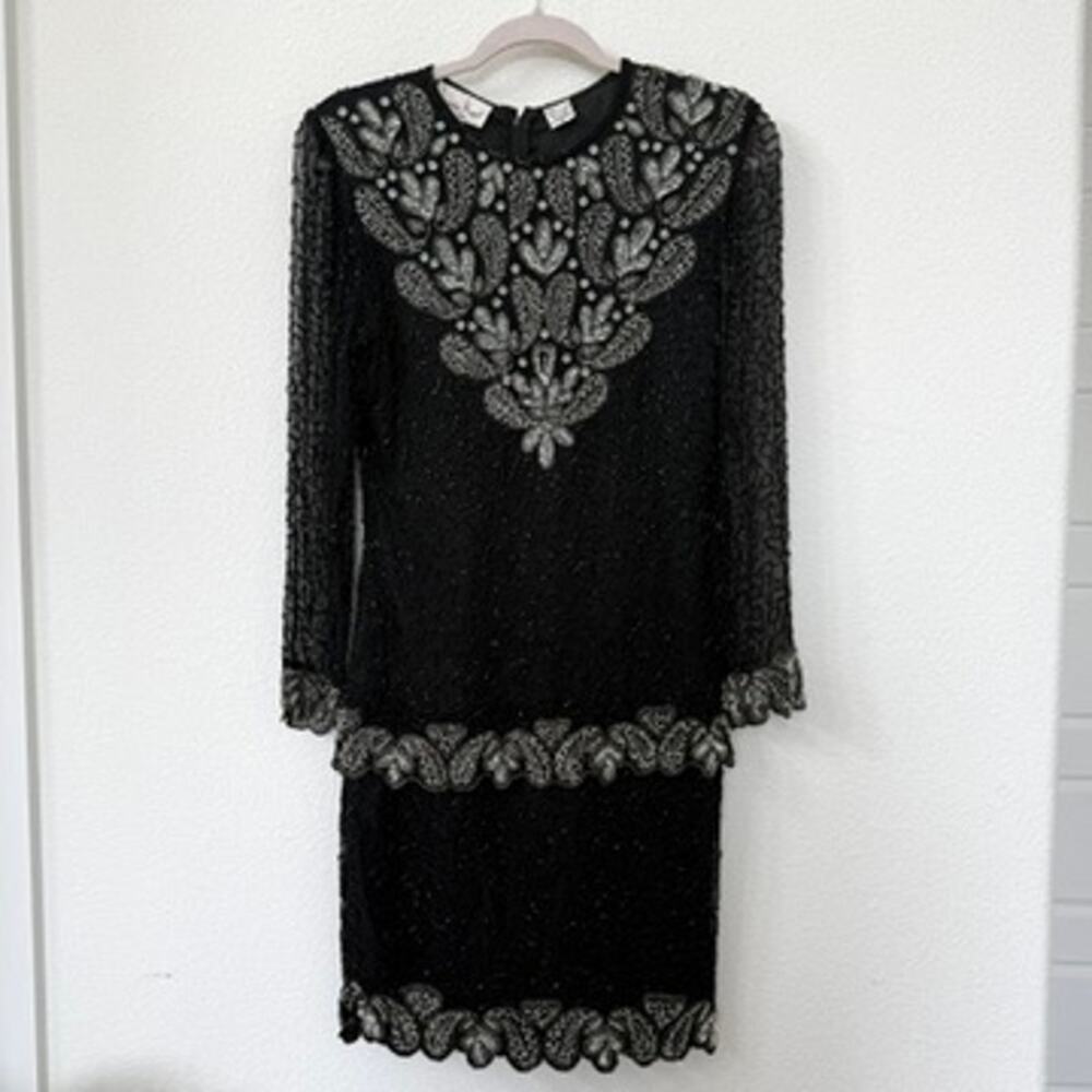 LAURENCE KAZAR Beaded Sequin Cocktail Dress Black Silk PP Vintage Glam Party
